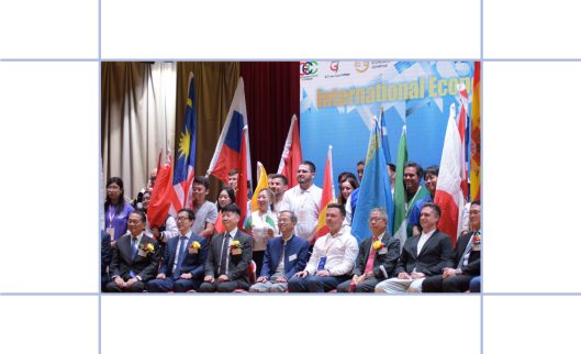 International Economics Olympiad ceremony with national flags of many countries
