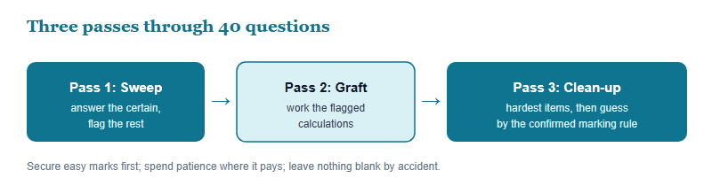 A three-pass strategy for working through the 40-question paper