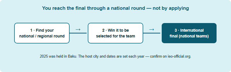 The IEO qualification path: you do not apply directly; you win a national or regional round, which selects the team for the international final